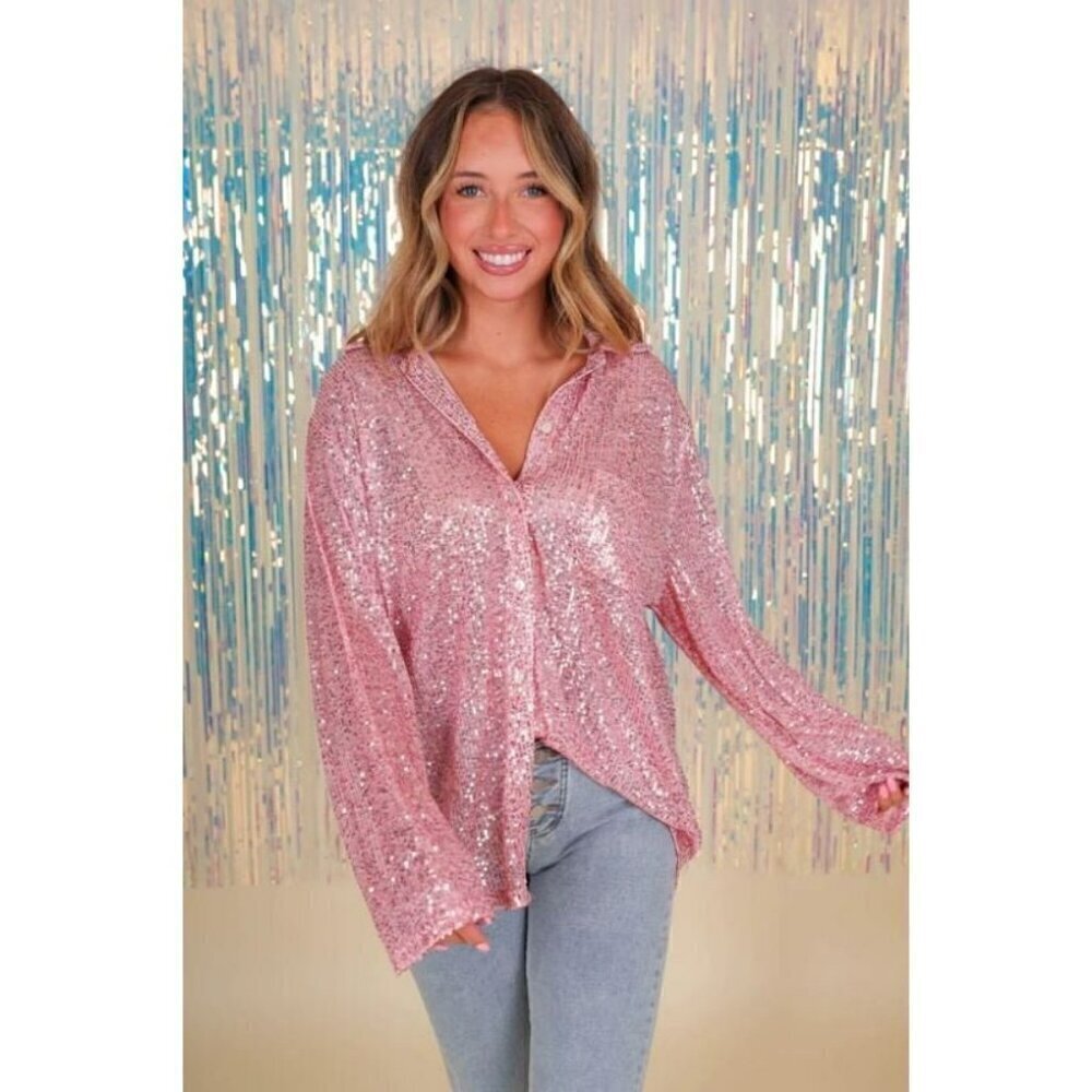 Life's a Party Sequin Button-Up Shirt in Rose Pink - Picture 4 of 12